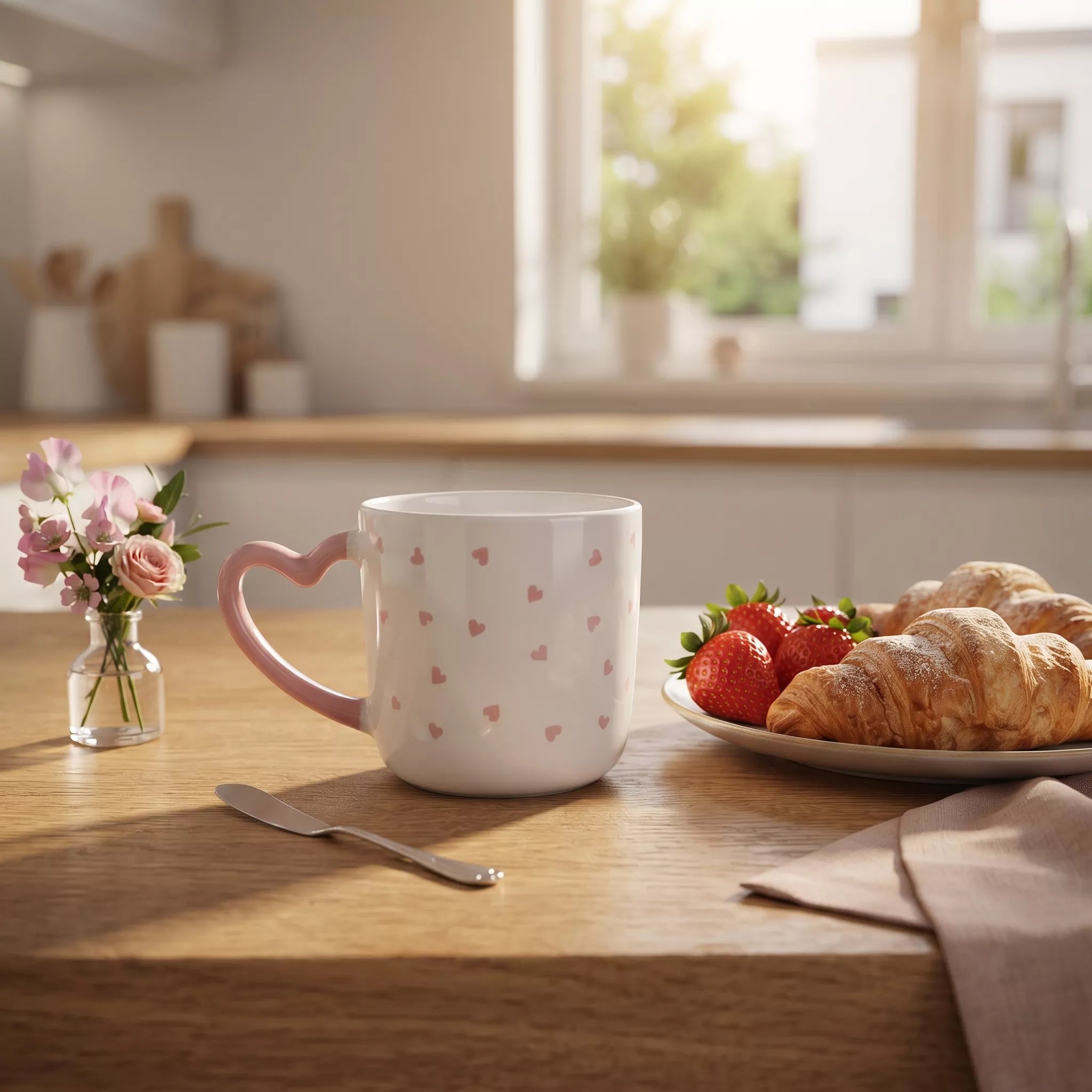 A white ceramic mug with a pink heart pattern and a heart-shaped handle sits on a wooden table in a bright kitchen setting, alongside a plate of croissants and strawberries.