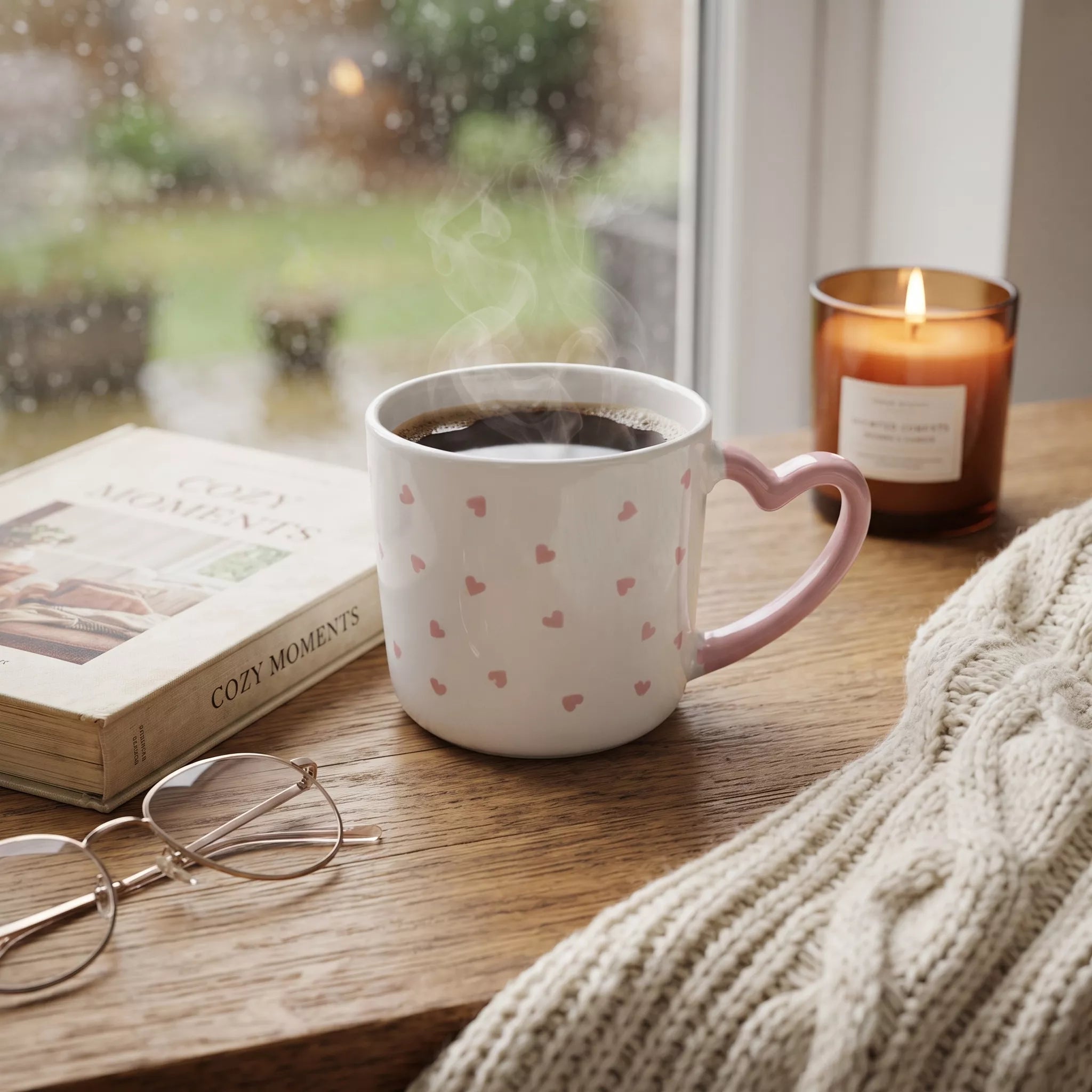 A white ceramic mug with a pink heart pattern and a heart-shaped handle sits on a wooden windowsill next to a lit candle, a book, and eyeglasses.