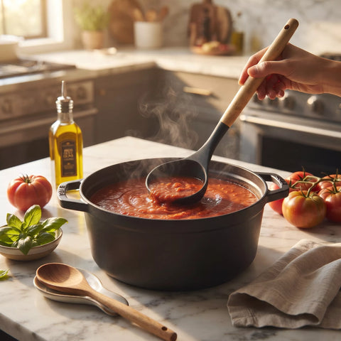 A black cast iron pot of tomato soup with a wooden-handled ladle being lifted, set on a marble kitchen counter with fresh tomatoes, basil, and olive oil nearby.